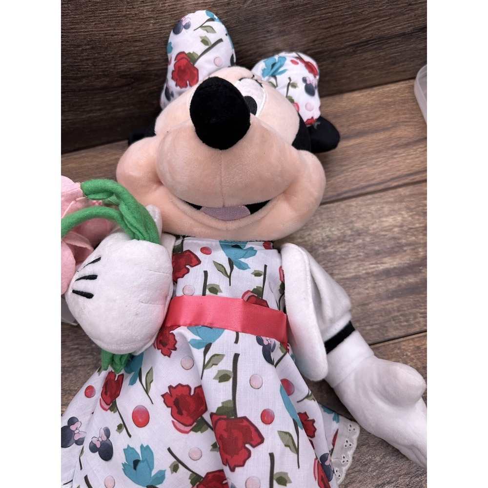Disney Minnie Mouse Plush Doll Floral Dress with Flowers Bouquet Self Standing